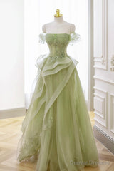 Green Tulle Lace Long Prom Dress with Corset, Green Formal Party Dress