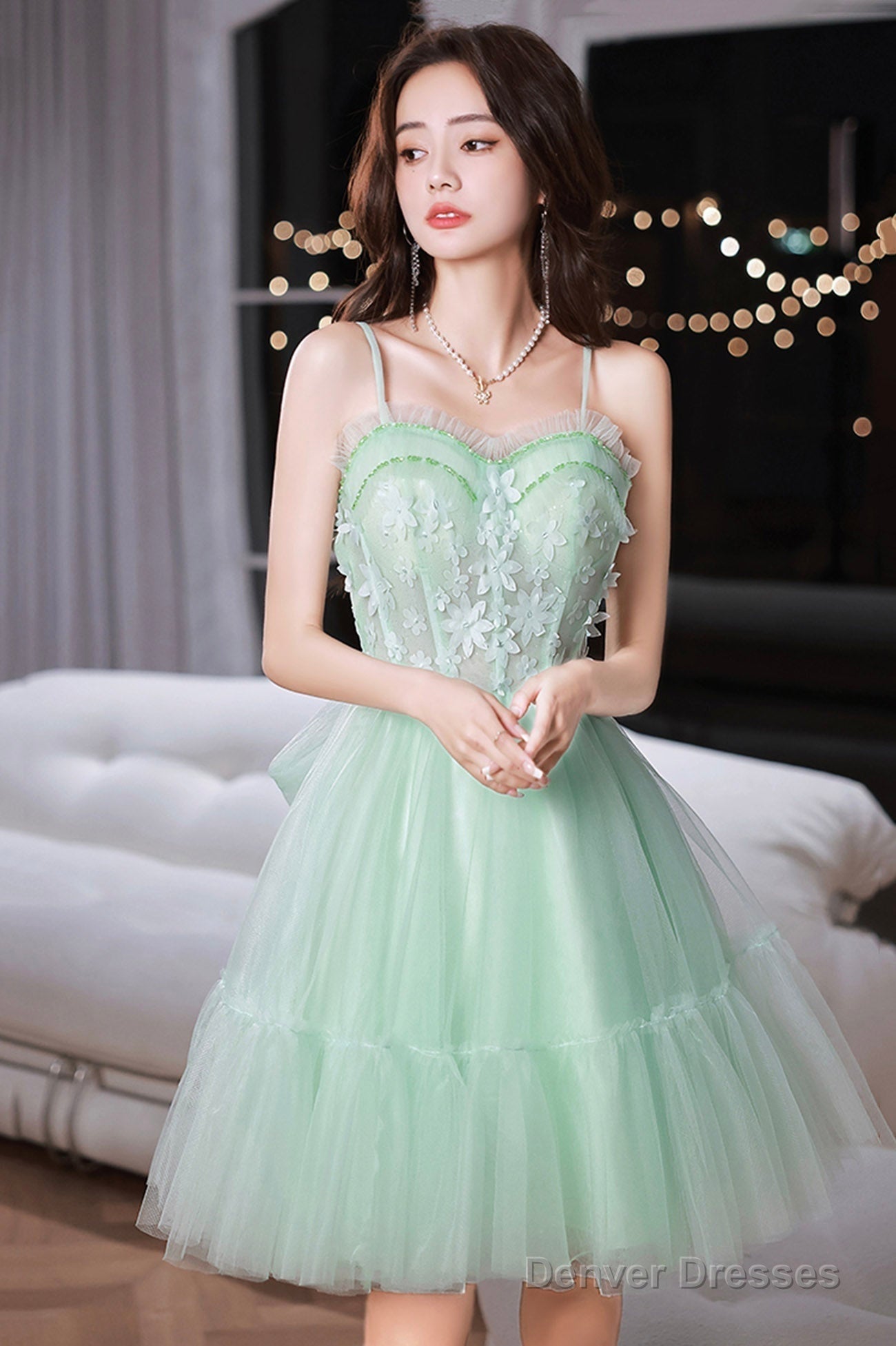 Green Tulle Lace Short Prom Dress, A-Line Evening Party Dress Main image