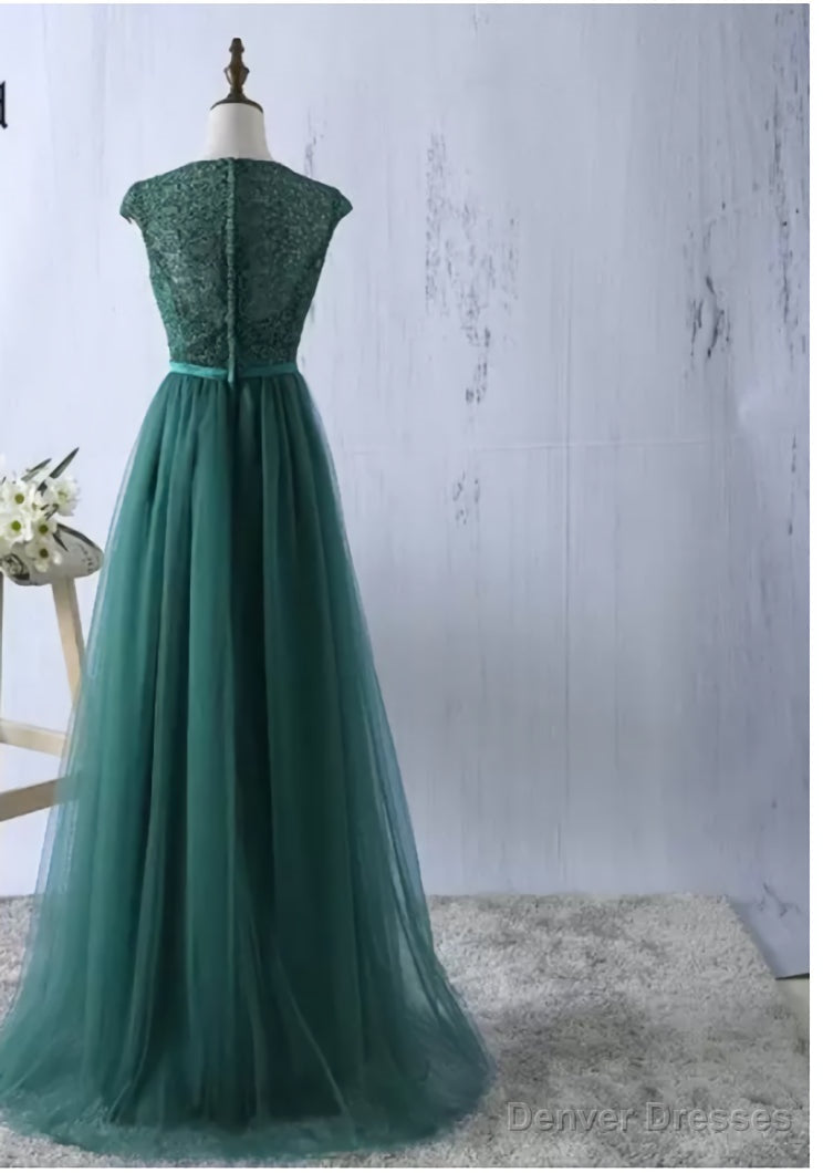 Green tulle lace top round neck long evening dresses ,simple formal dress Secondary image