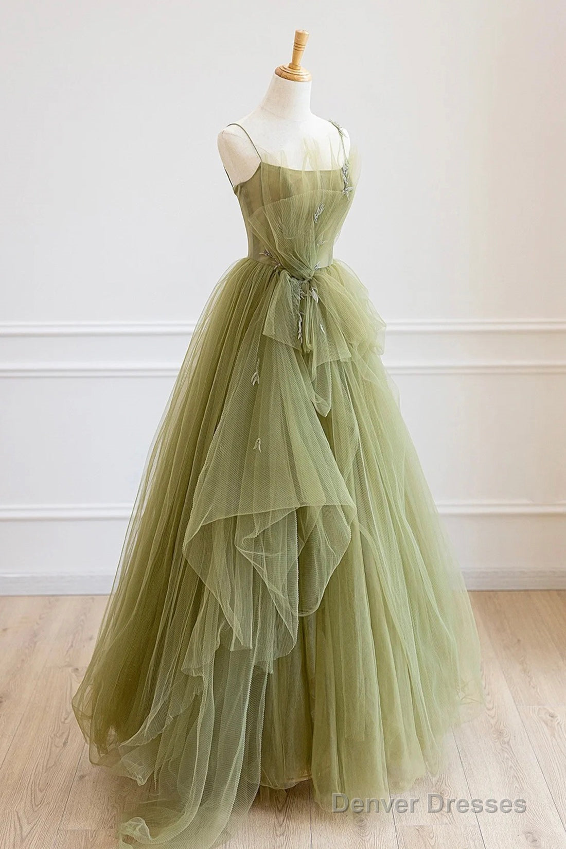 Green Tulle Long A-Line Prom Dress, Beautiful Spaghetti Strap Evening Dress Secondary image