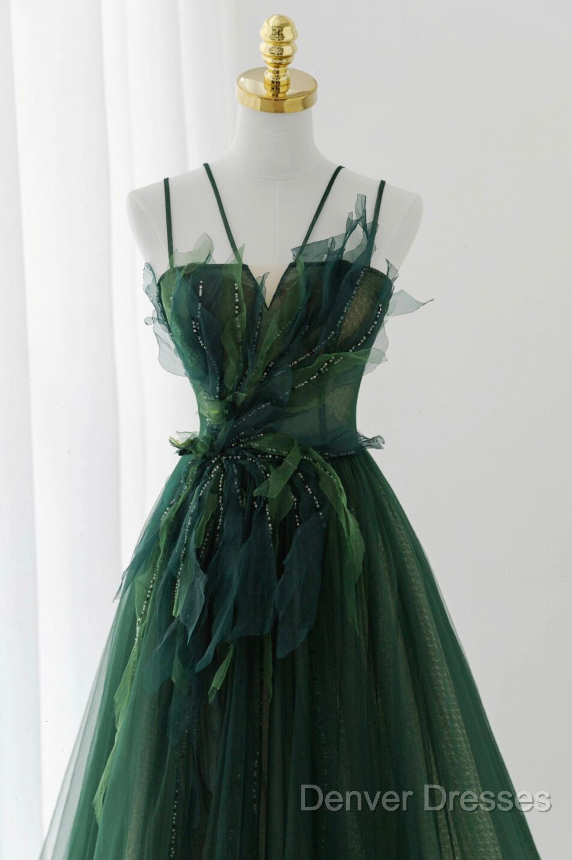 Green Tulle Long A-Line Prom Dress, Beautiful Spaghetti Straps Evening Dress Secondary image