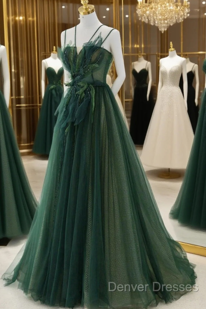 Green Tulle Long A-Line Prom Dress, Beautiful Spaghetti Straps Evening Dress Main image