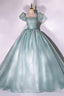 Green Tulle Long A-Line Prom Dress, Cute Short Sleeve Evening Party Dress