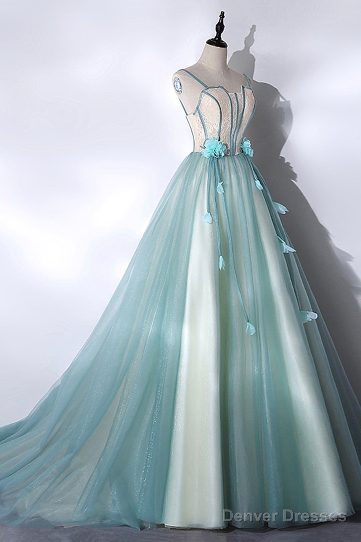 Green Tulle Long A-Line Prom Dress, Green Spaghetti Straps Graduation Dress Main image