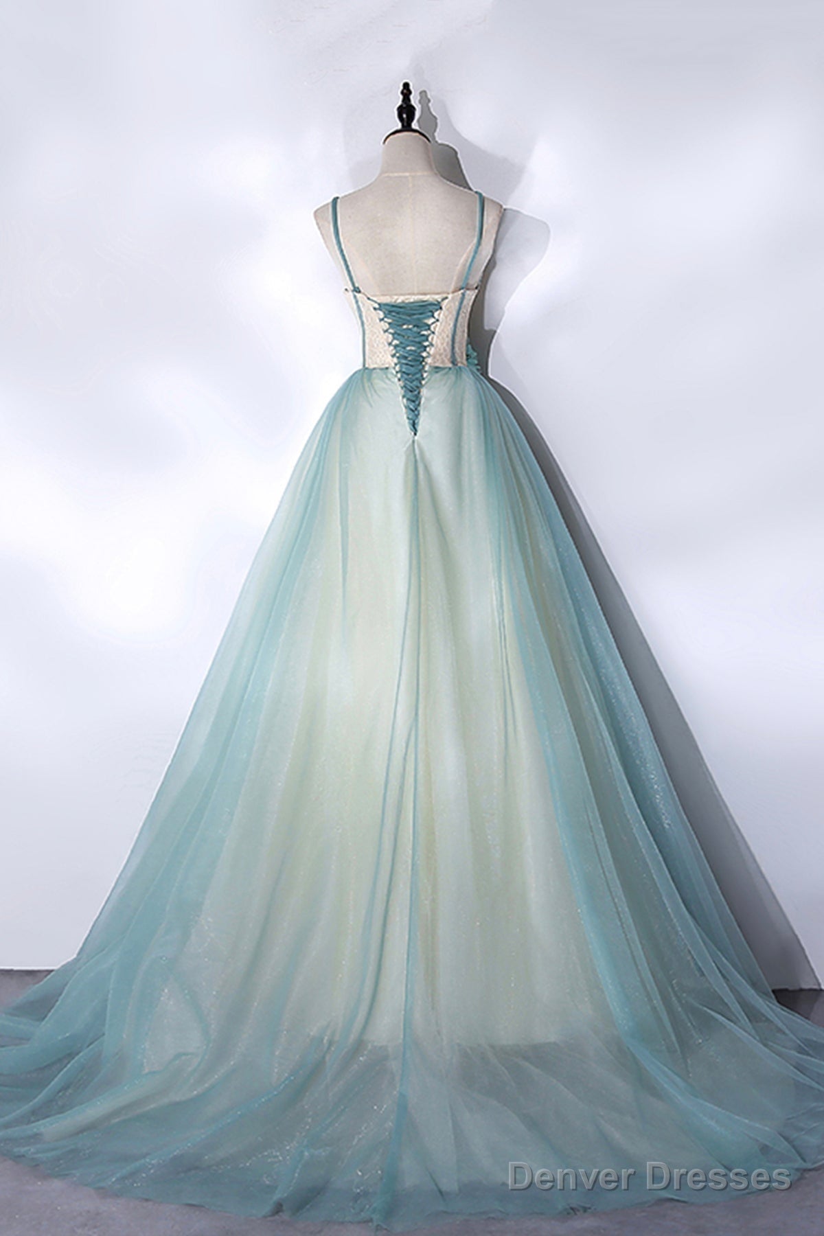 Green Tulle Long A-Line Prom Dress, Green Spaghetti Straps Graduation Dress