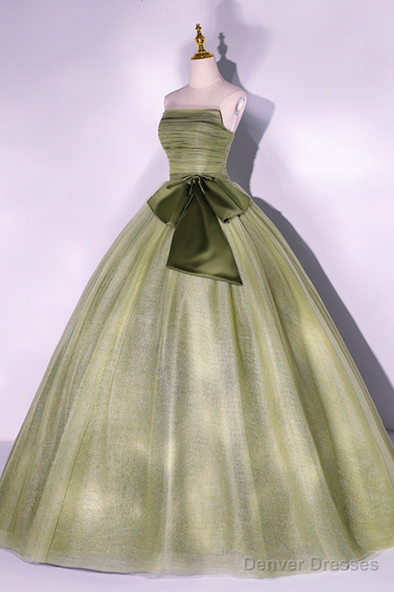 Green Tulle Long A-Line Prom Dress, Green Strapless Evening Gown Main image