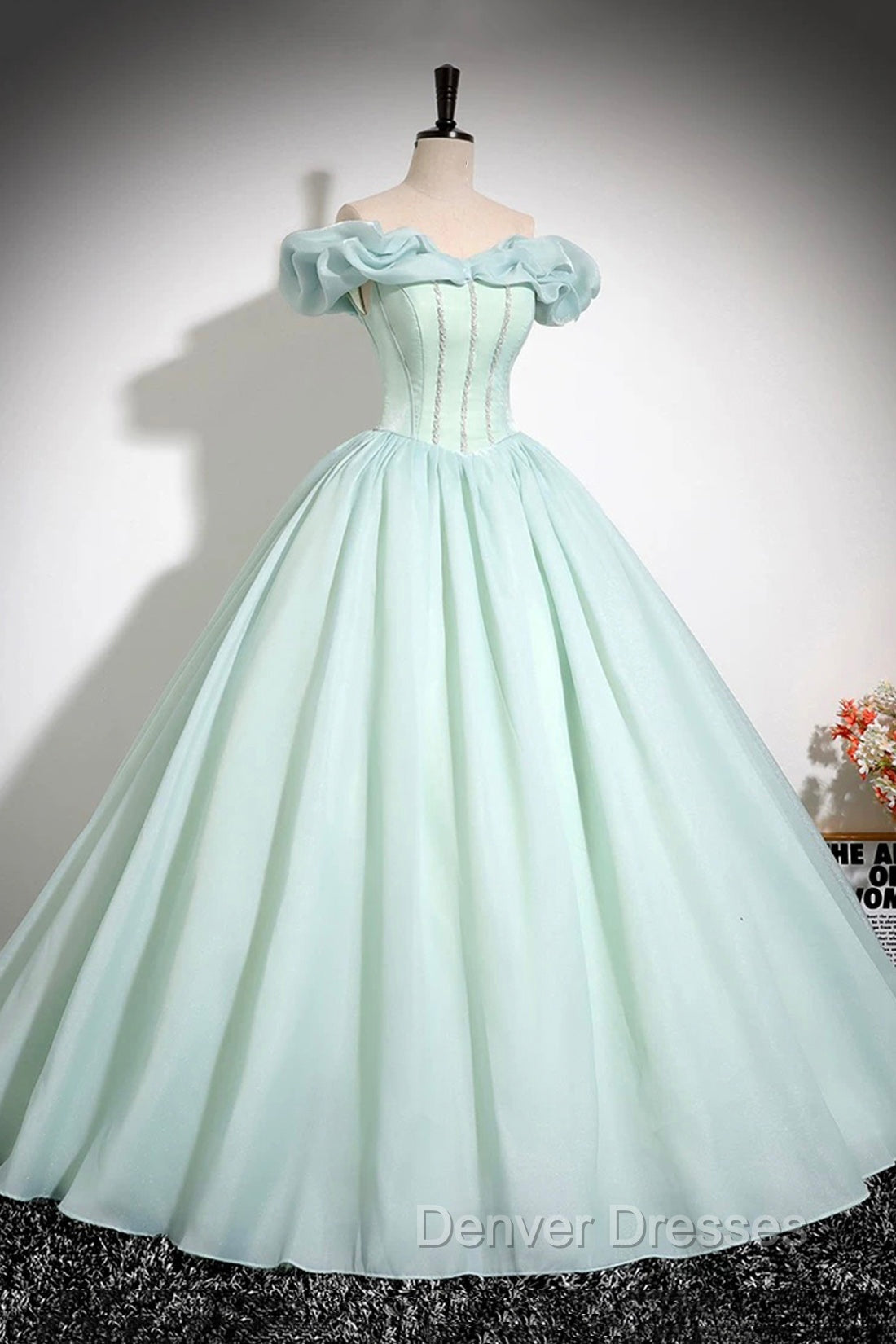 Green Tulle Long A-Line Prom Dress, Lovely Off The Shoulder Evening Party Dress Secondary image