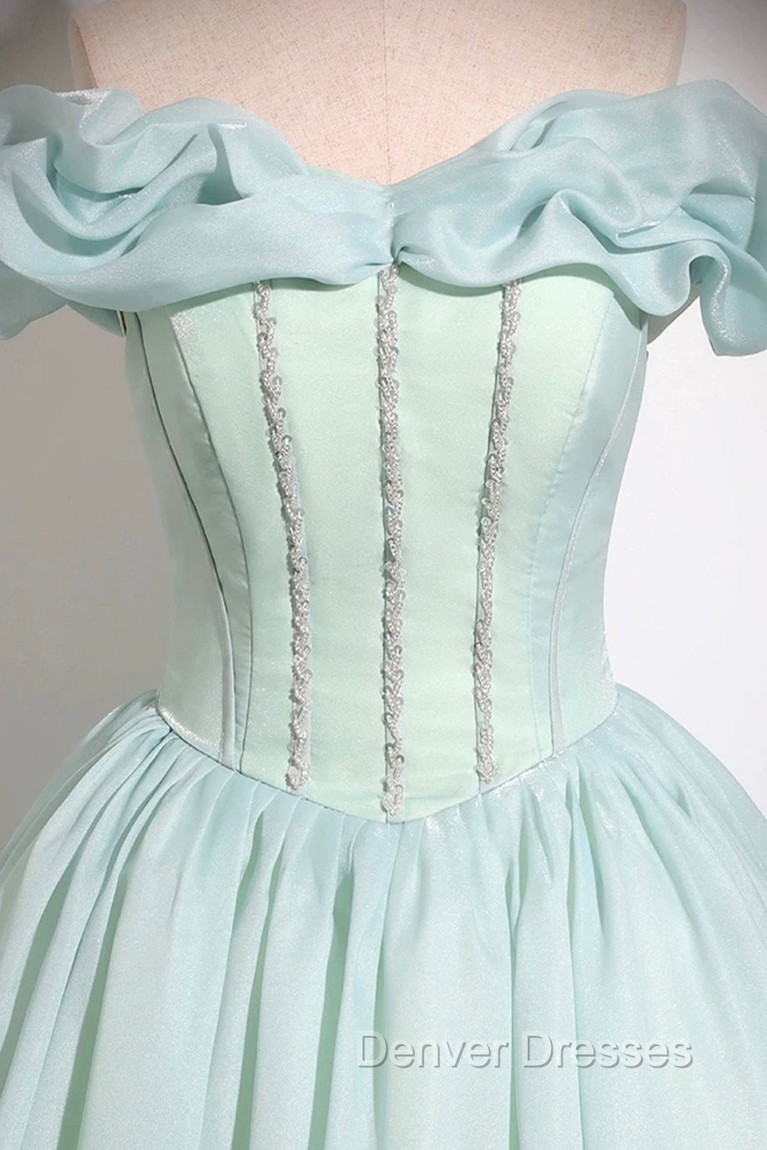 Green Tulle Long A-Line Prom Dress, Lovely Off The Shoulder Evening Party Dress