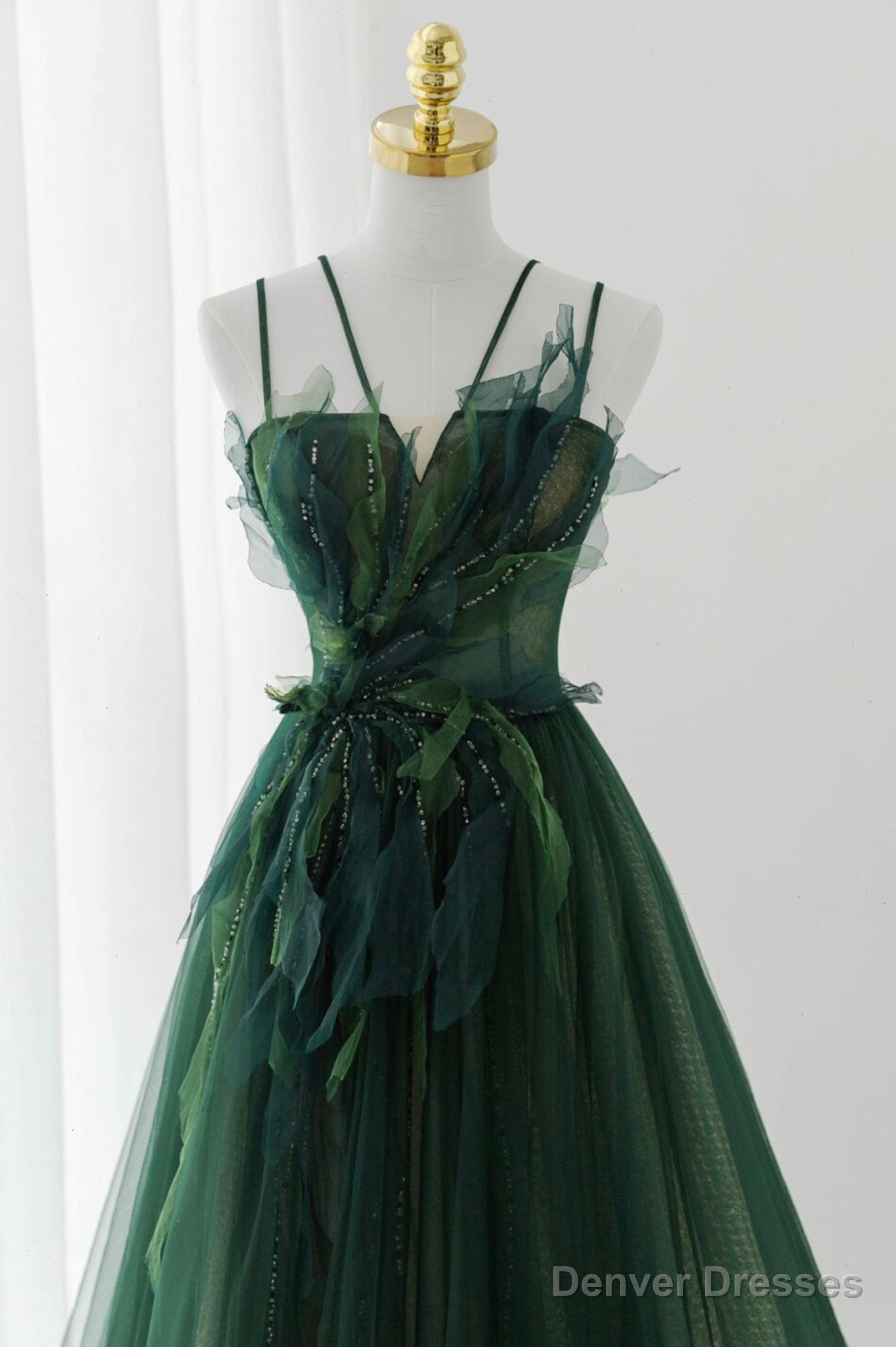 Green Tulle Long A-Line Prom Dress, Spaghetti Straps Evening Dress