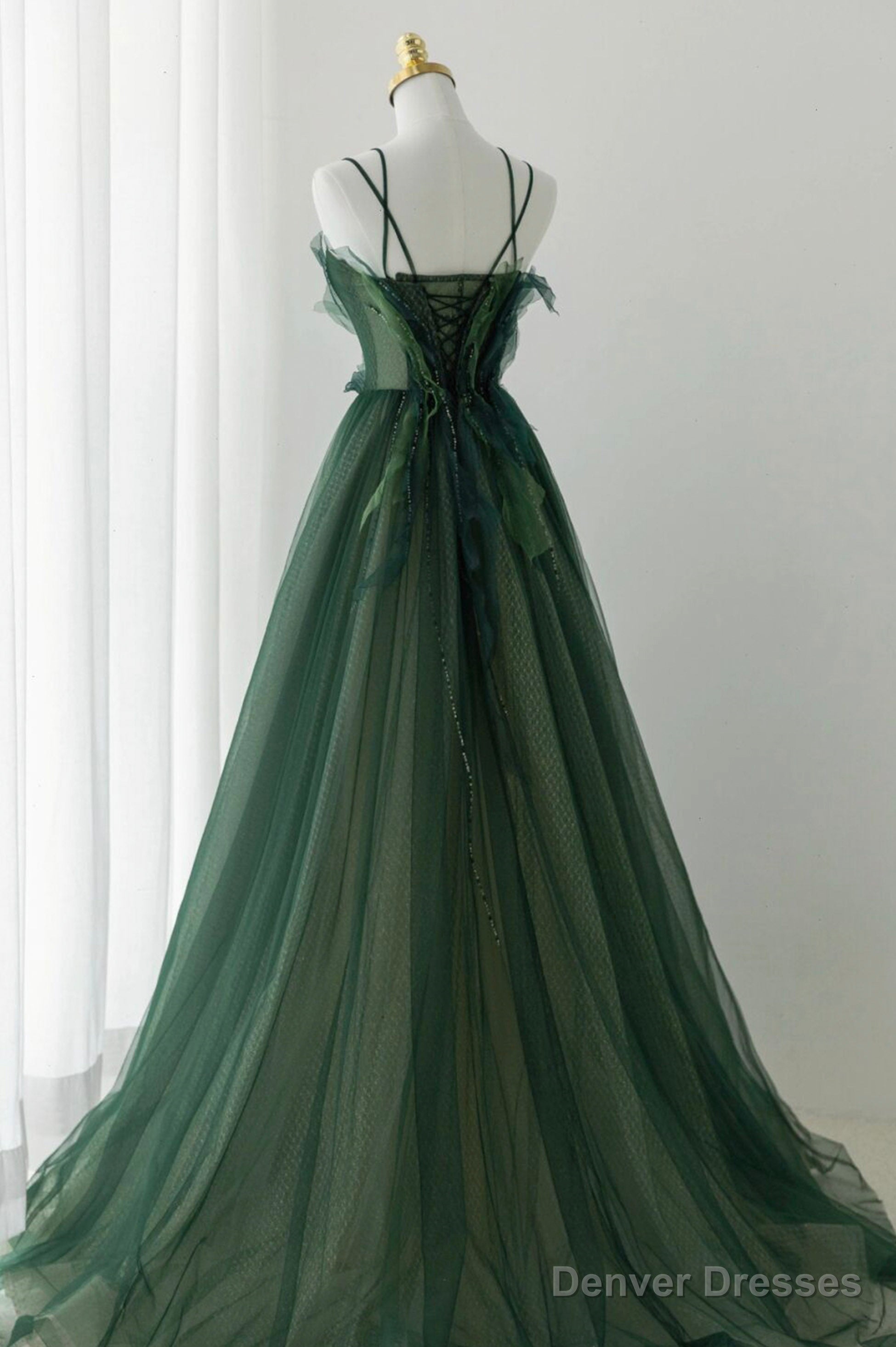 Green Tulle Long A-Line Prom Dress, Spaghetti Straps Evening Dress Secondary image