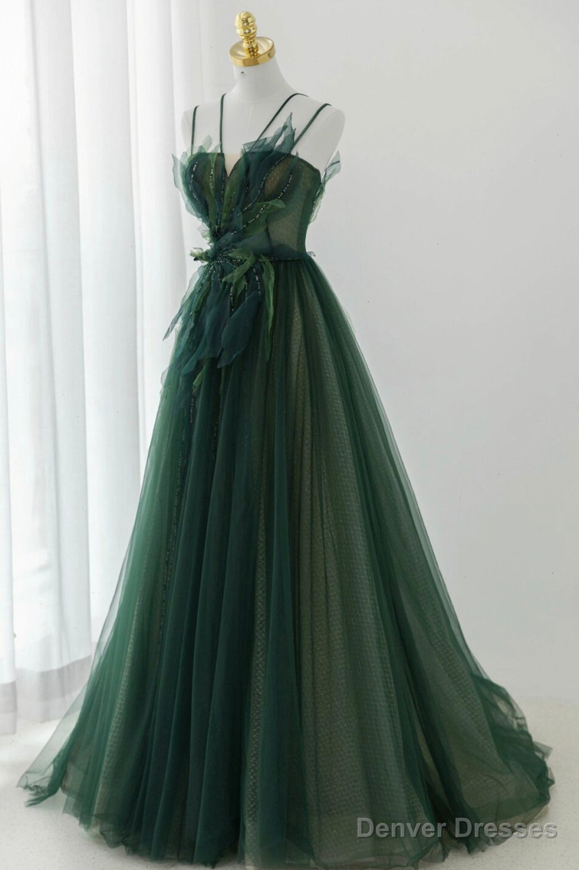 Green Tulle Long A-Line Prom Dress, Spaghetti Straps Evening Dress Main image