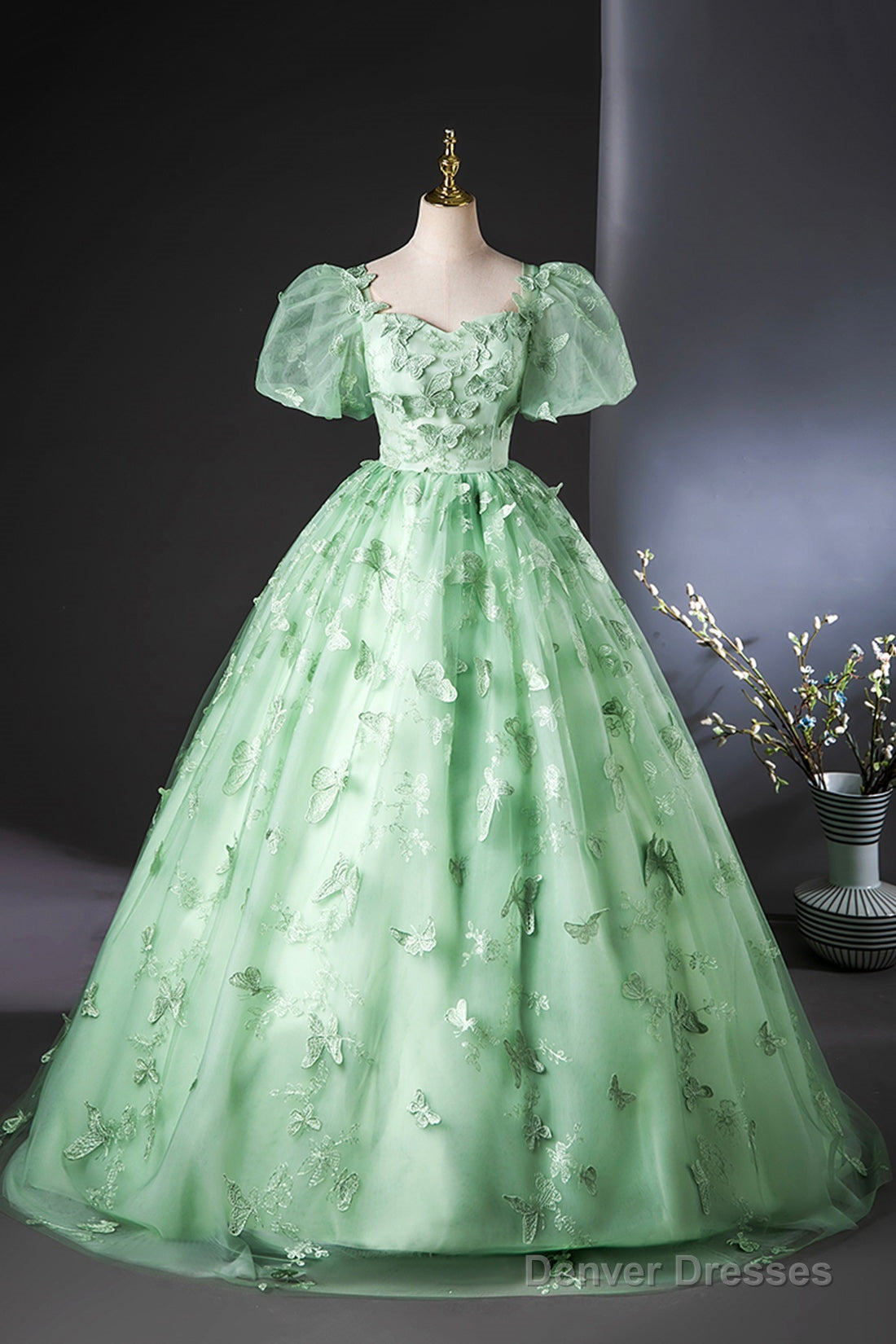 Green Tulle Long A-Line Prom Dress With Butterfly Lace, Beautiful  Short Sleeve Evening Dress Main image