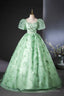 Green Tulle Long A-Line Prom Dress With Butterfly Lace, Beautiful  Short Sleeve Evening Dress