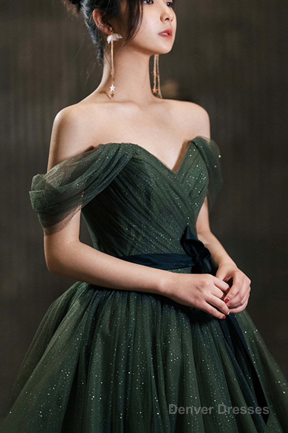 Green Tulle Long Prom Dress, Off The Shoulder A-Line Evening Party Dress Secondary image