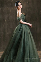 Green Tulle Long Prom Dress, Off The Shoulder A-Line Evening Party Dress