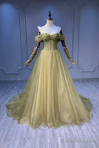 Green Tulle Long Prom Dress, Off the Shoulder Evening Graduation Dress