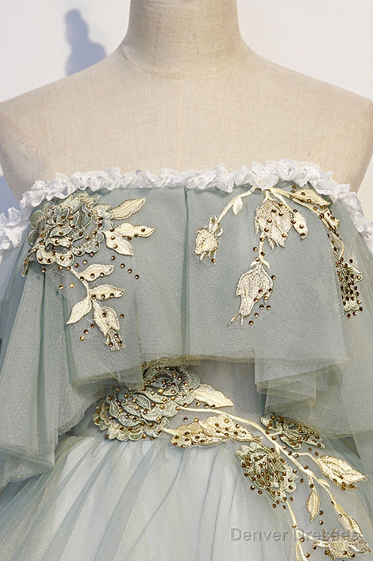 Green Tulle Long Prom Dress with Lace, Off the Shoulder Evening Gown