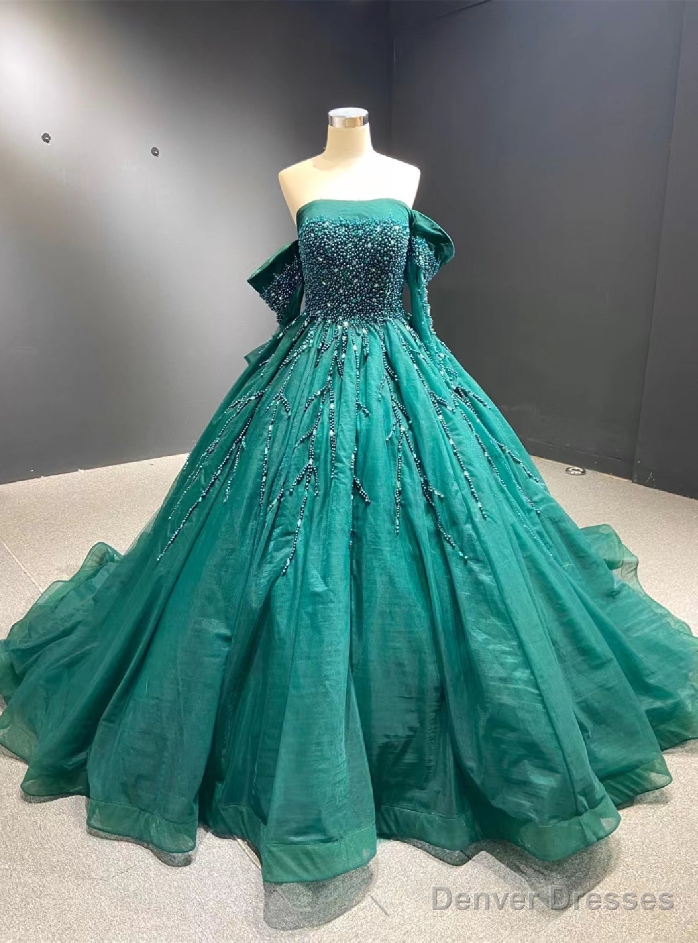 Green Tulle Long Sleeve Off the Shoulder Pearls Prom Dress Main image