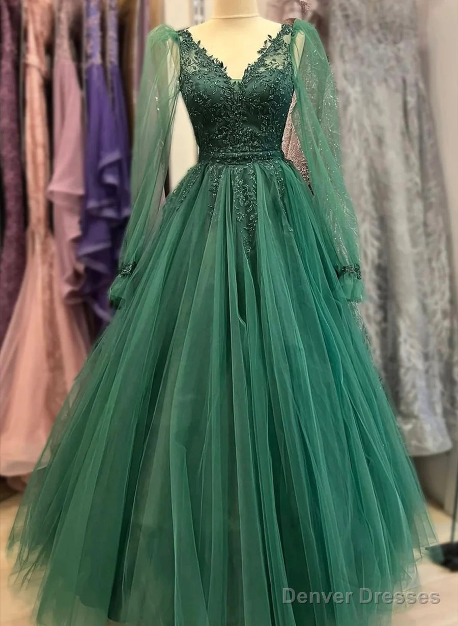 Green Tulle Long Sleeves A-line Party Dress with Lace,Princess Formal Dresses Main image