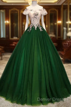 Green Tulle Off Shoulder Long Formal Dress With Lace, Sweet 16 Gown