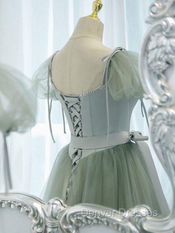 Green Tulle Off Shoulder Long Prom Dress, Green Tulle Formal Dress