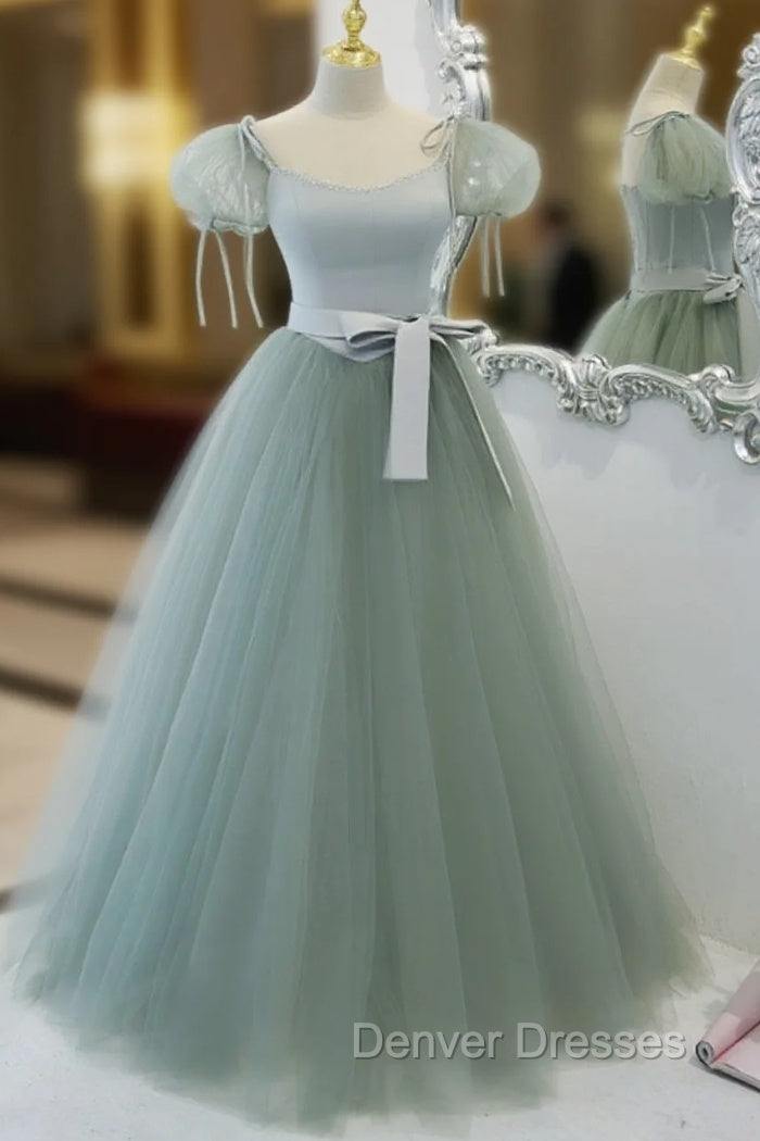 Green Tulle Off Shoulder Long Prom Dress, Green Tulle Formal Dress Main image
