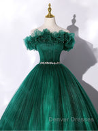 Green tulle off shoulder long prom Dress green tulle formal gown