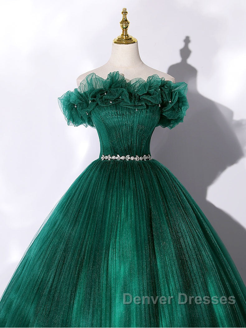 Green tulle off shoulder long prom Dress green tulle formal gown