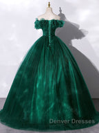 Green tulle off shoulder long prom Dress green tulle formal gown
