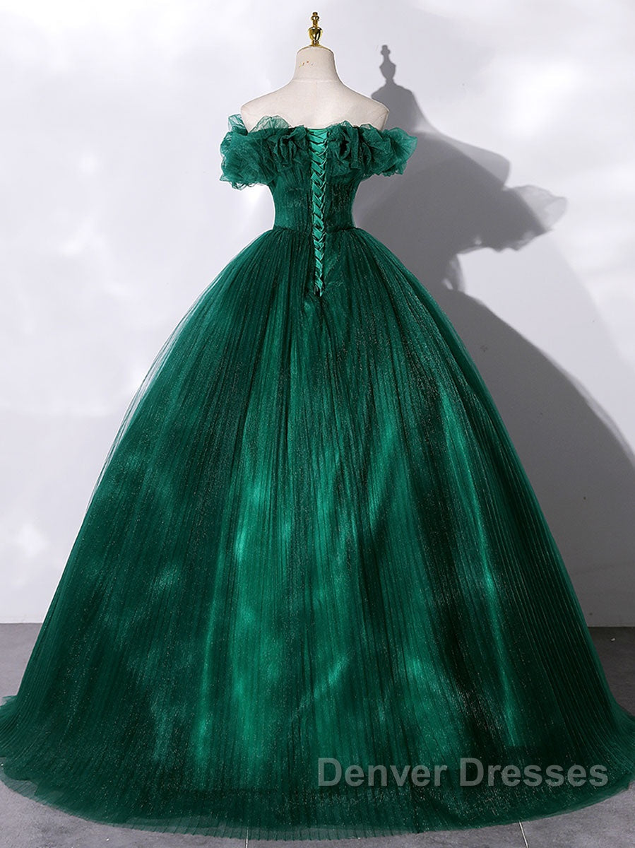 Green tulle off shoulder long prom Dress green tulle formal gown
