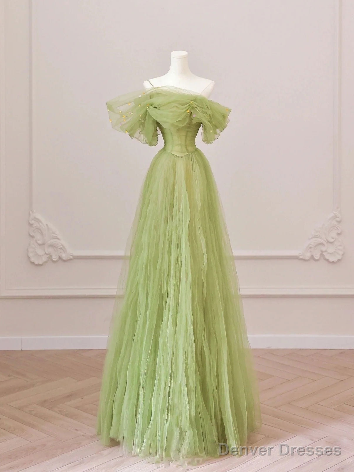 Green Tulle Off Shoulder Long Prom Dresses, Green Tulle Formal Evening Dress