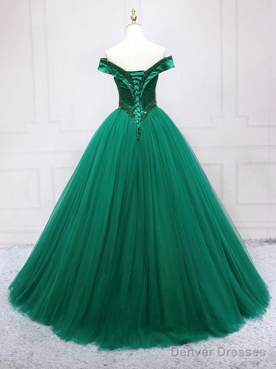 Green Tulle Off Shoulder Tulle Beads Long Prom Dress, Green Formal Graduation Dresses Secondary image