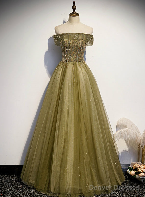 Green Tulle Off the Shoulder Beading Prom Dresses Main image