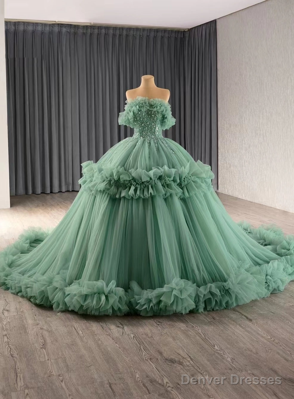 Green Tulle Off the Shoulder Sequins Prom Dress Main image