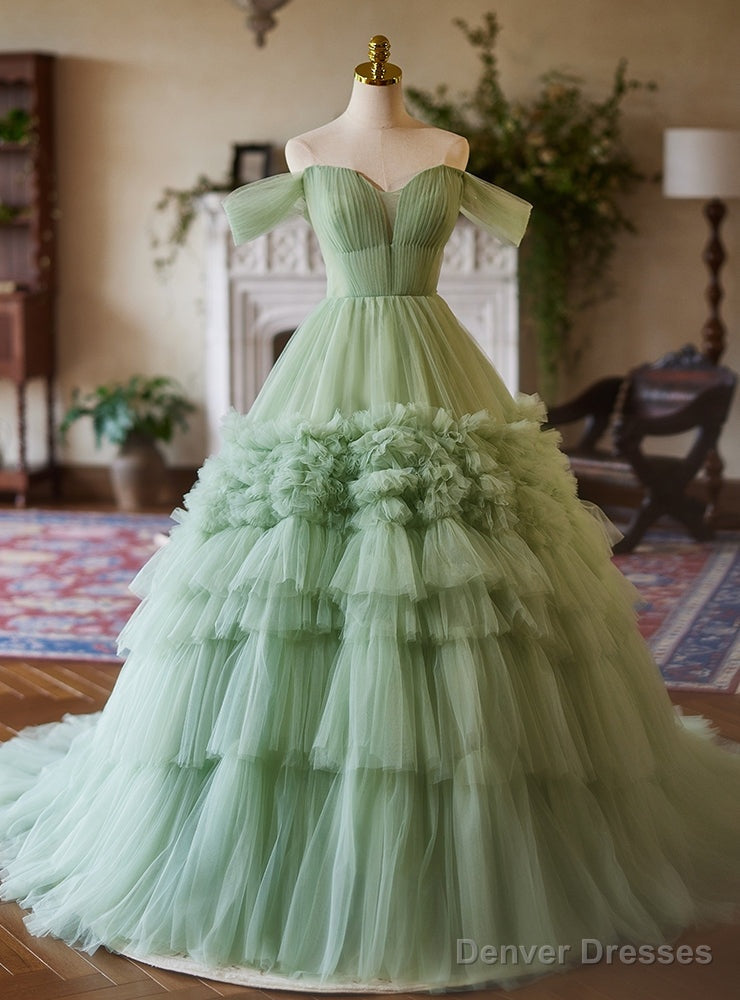 Green Tulle Off the Shoulder Tiers Princess Quinceanera Dress Main image