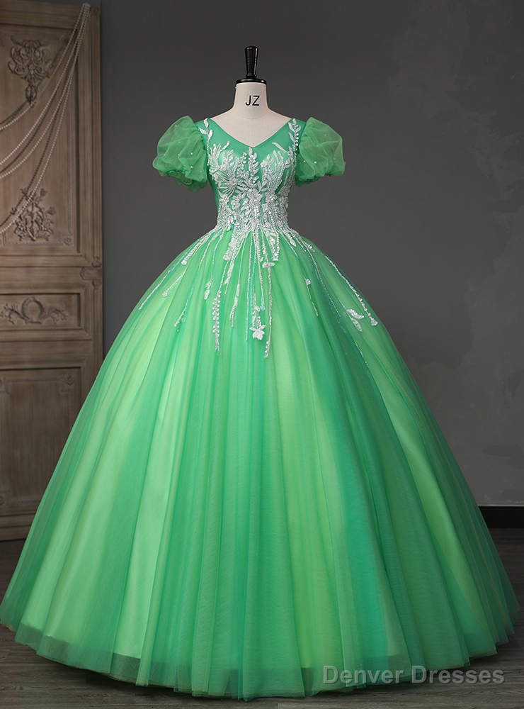 Green Tulle Puff Sleeve Sequins Beading Quinceanera Dress Main image