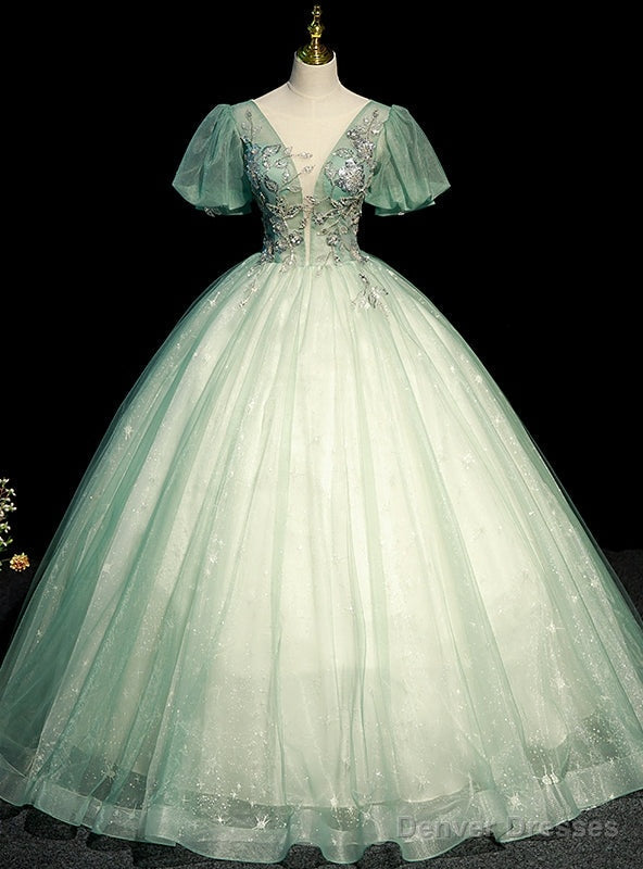 Green Tulle Puff Sleeve Sequins Beading Quinceanera Dresses Main image