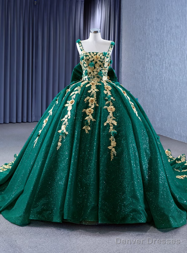 Green Tulle Sequins Gold Appliques Prom Dress Main image