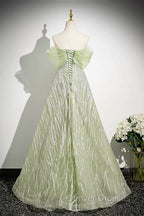 Green Tulle Sequins Long Prom Dress, Beautiful Off The Shoulder Party Dress