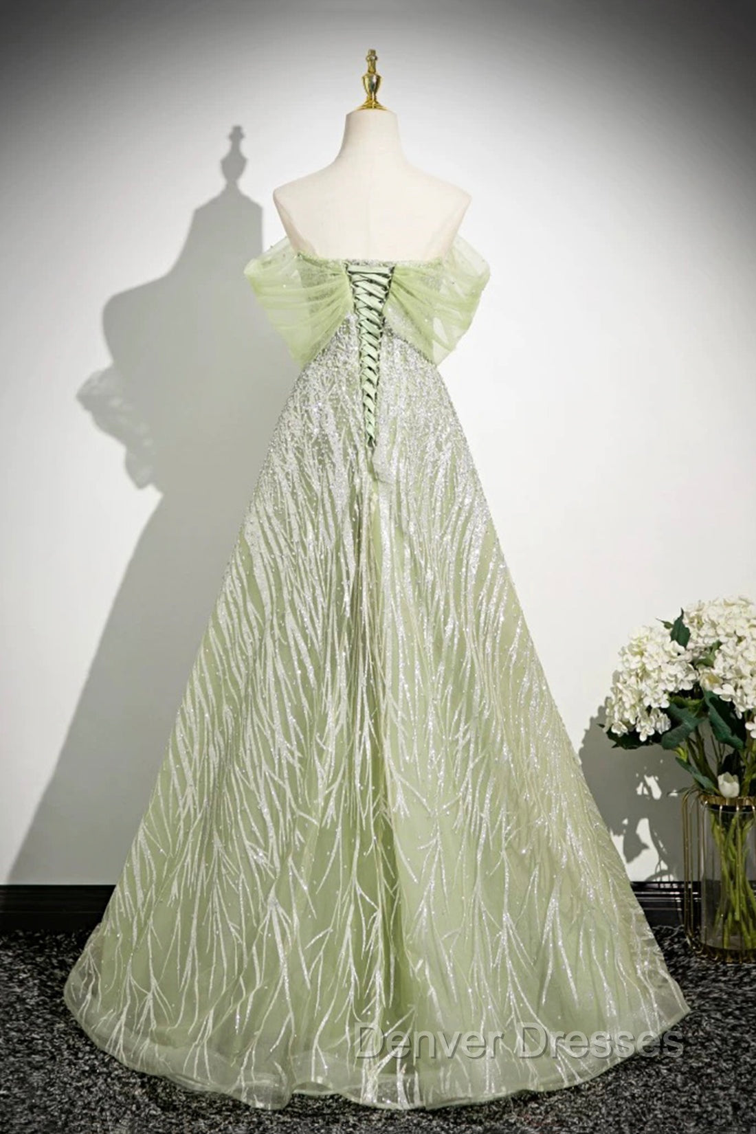 Green Tulle Sequins Long Prom Dress, Beautiful Off The Shoulder Party Dress