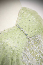 Green Tulle Sequins Long Prom Dress, Beautiful Off The Shoulder Party Dress