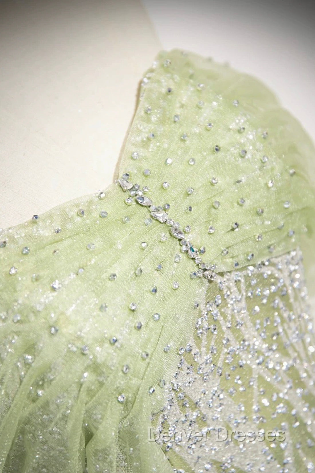 Green Tulle Sequins Long Prom Dress, Beautiful Off The Shoulder Party Dress