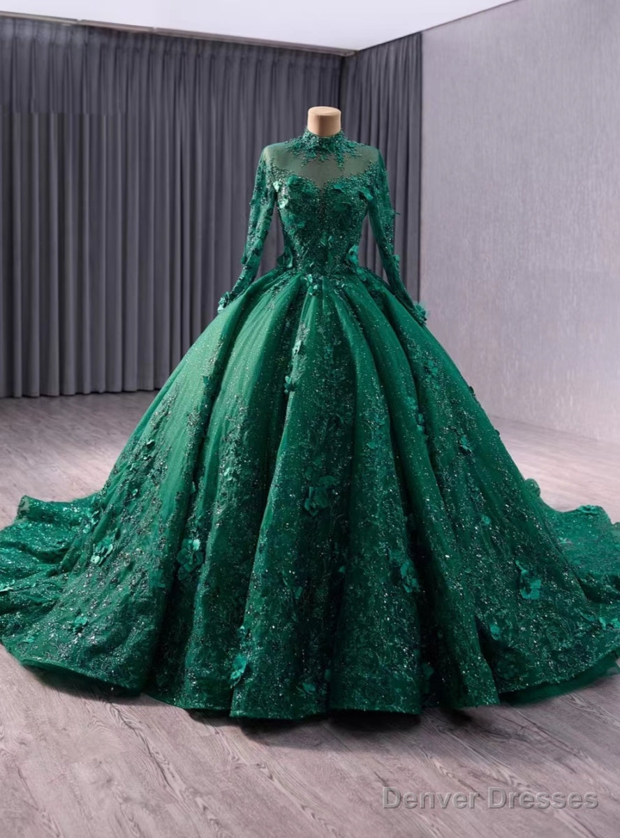 Green Tulle Sequins Long Sleeve Prom Dress Main image