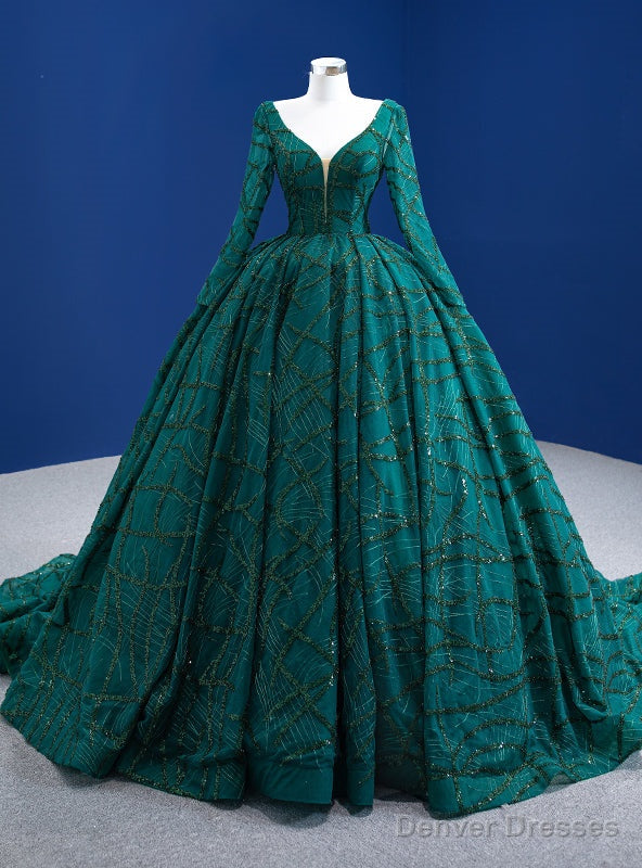 Green Tulle Sequins Long Sleeve V-neck Prom Dress Main image