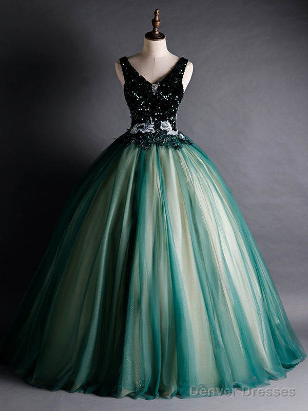 Green Tulle Sequins V-neck Appliques Quinceanera Dress