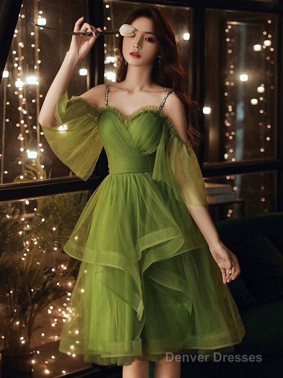 Green Tulle Short Layers Straps Short Party Dress, Cute Short Green Homecoming Dress Main image