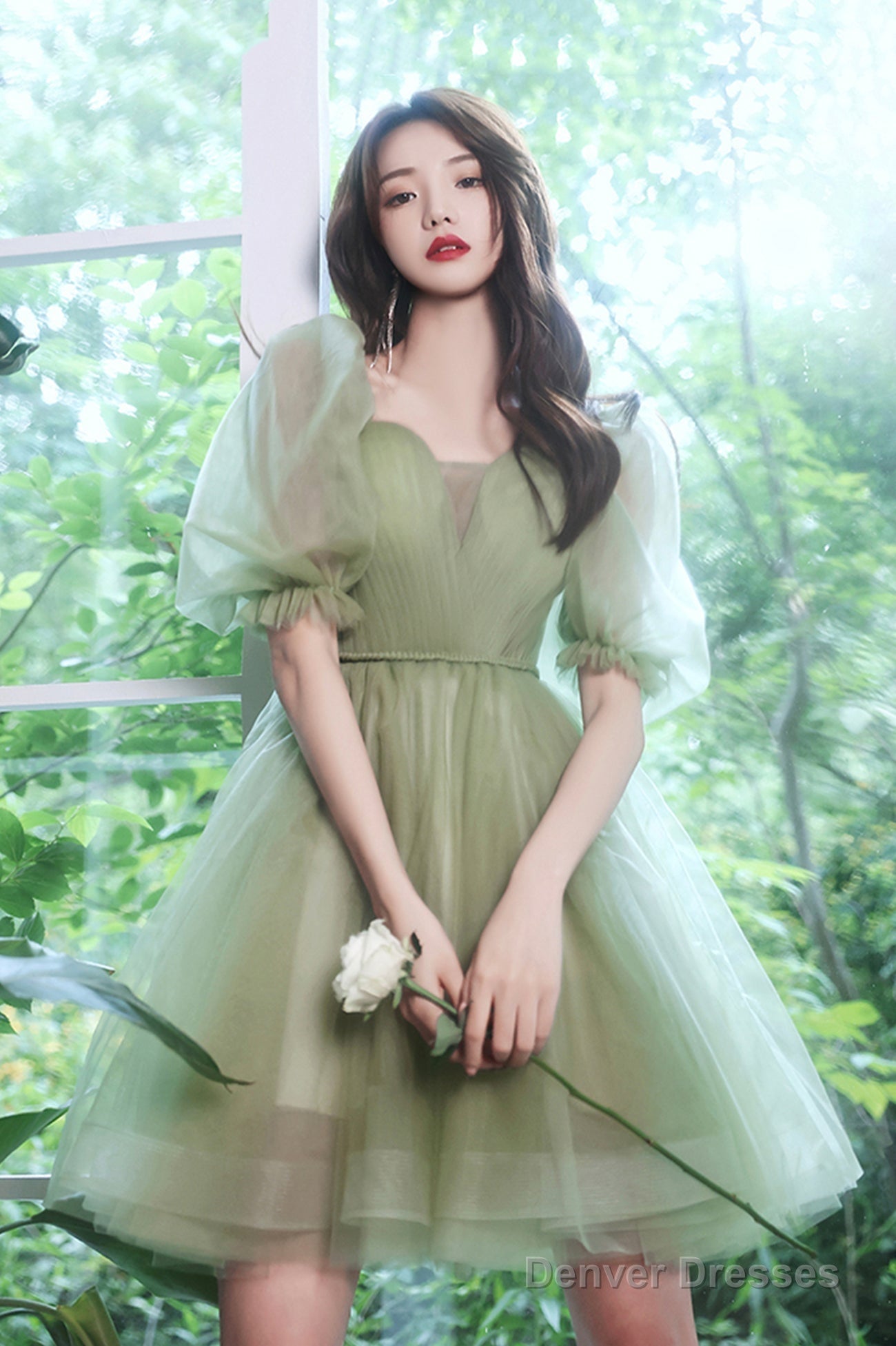 Green Tulle Short Prom Dress, Green A-Line Short Sleeve Party Dress Secondary image
