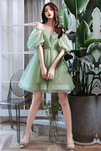 Green Tulle Short Prom Dress, Green A-Line Short Sleeve Party Dress