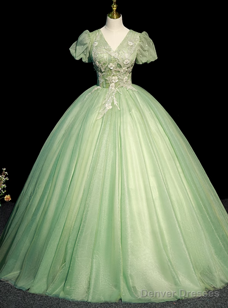 Green Tulle Short Sleeve Beading Quinceanera Dress Main image