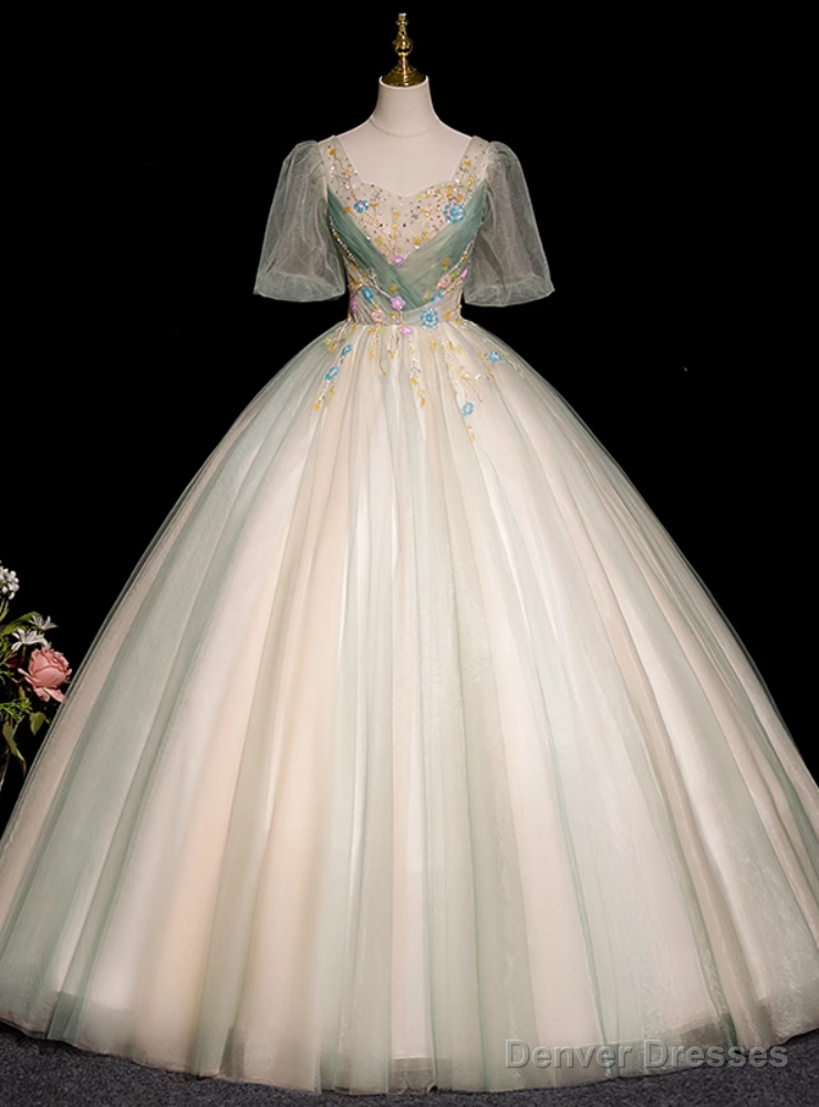 Green Tulle Short Sleeve Sequins Quinceanera Dress Main image